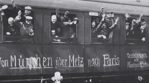 WWI German troops leave for the front in a railway carriage with the message ' WWI German troops leave for the front in a railway carriage with the message '