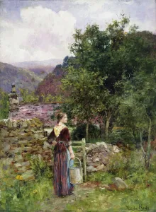 A Young Girl Standing Outside a Cottage Holding a Pail, (oil on canvas board) A Young Girl Standing Outside a Cottage Holding a Pail, (oil on canvas board)