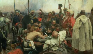 The Zaporozhye Cossacks writing a letter to the Turkish Sultan, 1890-91 (oil on canvas) The Zaporozhye Cossacks writing a letter to the Turkish Sultan, 1890-91 (oil on canvas)