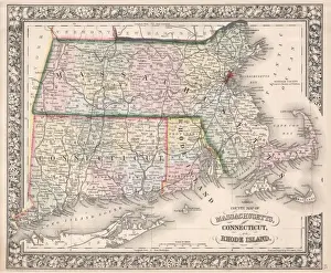 Old World Navigation Charts Prints: 1864, Mitchell Map of Massachusetts, Connecticut and Rhode Island, topography, cartography