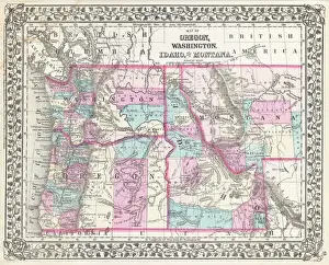 Cartography Illustration Art Prints: 1877, Mitchell Map of Oregon, Washington, Idaho and Montana, topography, cartography