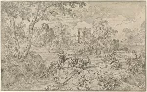 Abraham Genoels Collection: Arcadian landscape with a goatherd. print maker: Abraham Genoels, 1650 - 1723