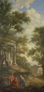 Arcadian landscape temple left old man seated