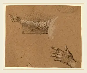 18th Century American Art Prints: Benjamin West, Study of a Right Arm and a Left Hand, American, 1738-1820, black chalk