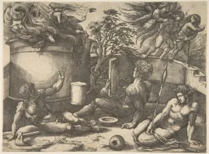 Cain center holding mirror watching sacrifice seated Cain center holding mirror watching sacrifice seated