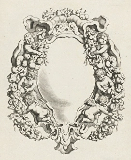 Cartouche with lobe ornament with four children and two angels, print maker: Michiel Cartouche with lobe ornament with four children and two angels, print maker: Michiel