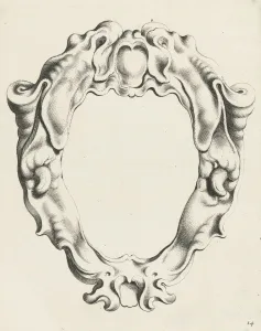Cartouche with lobe ornament, above and below a mask with gaping mouth, Michiel Mosijn Cartouche with lobe ornament, above and below a mask with gaping mouth, Michiel Mosijn