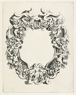 Cartouche with lobe ornament with two putti and four angels, Michiel Mosijn, Gerbrand Cartouche with lobe ornament with two putti and four angels, Michiel Mosijn, Gerbrand