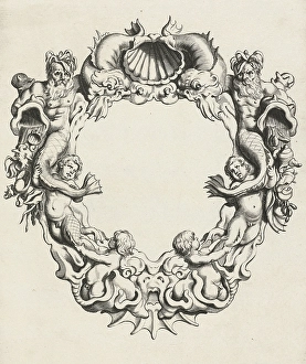 Cartouche with lobe ornament, a top shell flanked by dolphins, print maker: Michiel Cartouche with lobe ornament, a top shell flanked by dolphins, print maker: Michiel