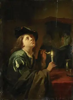 Print of a Man Lighting His Pipe with a Candle