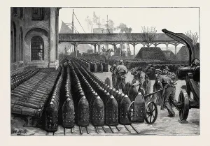 1879 War Manufactures Print: 700-Lb. Palliser Shells at Woolwich Arsenal
