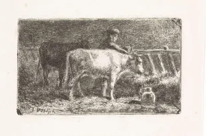 Farmer between two cows in a manger in a stable (small version), Jan Vrolijk, 1860 - 1894 Farmer between two cows in a manger in a stable (small version), Jan Vrolijk, 1860 - 1894