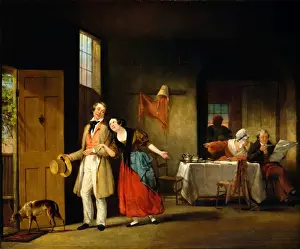 Print of a young man looking shyly at an older woman