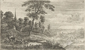 A herdsman with one cow and five goats, in the distance several church towers can A herdsman with one cow and five goats, in the distance several church towers can