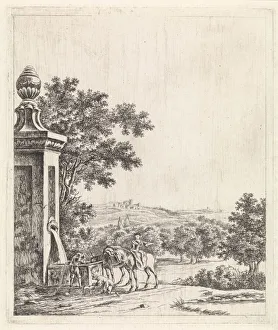 Landscape fountain Hilly landscape man back donkey drinking Landscape fountain Hilly landscape man back donkey drinking