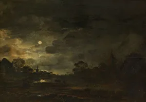 Landscape moonlight View village water cows stand Landscape moonlight View village water cows stand