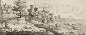 Landscape with a village and a flute-playing man, print maker: Lucas van Uden, Frans Landscape with a village and a flute-playing man, print maker: Lucas van Uden, Frans