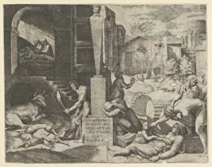 After Raphael Collection: plague scene right man left holding torch illuminating part
