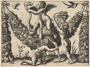 After Raphael Collection: Three putti large garland middle rides ostrich