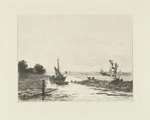 Vintage Sailing Vessel Prints: River view, print maker: Jacob van Rees, 1869 - 1928