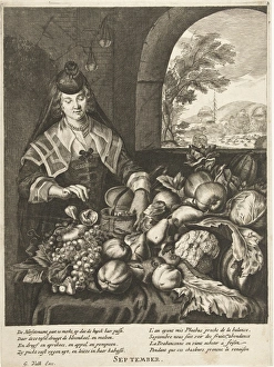 September represented as woman at table laden with fruits and vegetables, Cornelis September represented as woman at table laden with fruits and vegetables, Cornelis