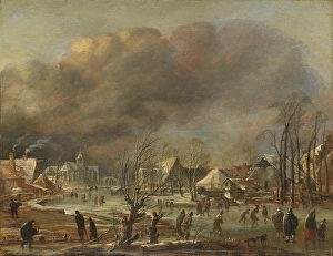 Snowfall village beside frozen canal View village Snowfall village beside frozen canal View village