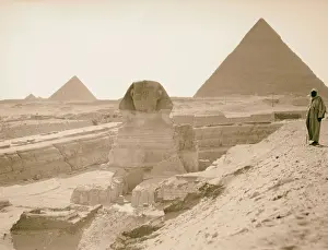 Pyramids Of Egypt Prints: Sphinx pyramids front view two pyramids background