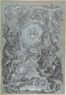 Virgin Mary Drawing Prints: Study Frontispiece Trinity Saints surrounding