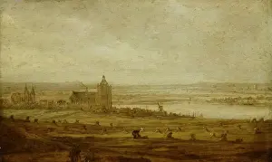 Rhine River Cityscape Prints: View Arnhem sloping cornfields grain sheaves
