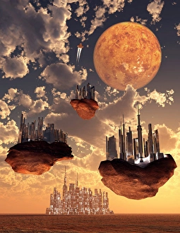 Space Exploration Illustration Prints: Advanced technology used to create anti-gravity floating cities