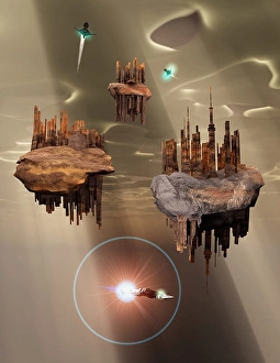 Space Art Illustration Prints: Advanced technology used to create anti-gravity floating cities