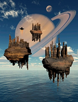Space Exploration Artwork Prints: Advanced technology used to create anti-gravity floating cities