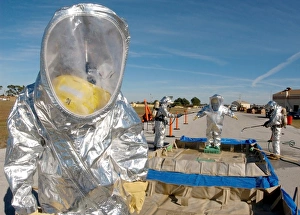 Airman waits to process through decontamination Airman waits to process through decontamination