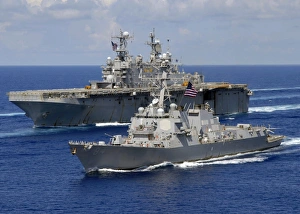 Amphibious assault ship USS Nassau and guided missile destroyer USS Bulkeley transit Amphibious assault ship USS Nassau and guided missile destroyer USS Bulkeley transit