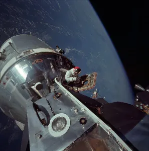 NASA Space Exploration Prints: Apollo 9 Command and Service Modules and Lunar Module with Earth in background