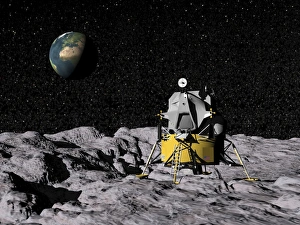 Apollo on surface of moon, with Saturn V rocket in the background Apollo on surface of moon, with Saturn V rocket in the background