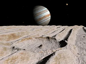 Artist's concept of an impact crater on Jupiter's moon Ganymede, with Jupiter Artist's concept of an impact crater on Jupiter's moon Ganymede, with Jupiter