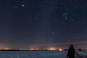 Blood Moon Photography Prints: Astronomer looking up at the total eclipse of the moon in Saskatchewan