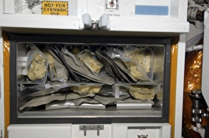 Bags of food stored inside the galley on Space Shuttle Endeavour Bags of food stored inside the galley on Space Shuttle Endeavour