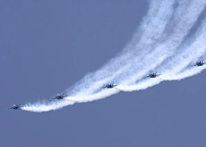 The Blue Angels performing a line abreast loop during an air show The Blue Angels performing a line abreast loop during an air show