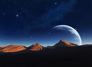 Space Art Illustration Prints: A calming view from a moon orbiting a distant planet