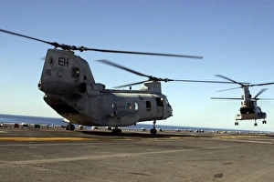 CH-46E Sea Knight helicopters practice vertical replenishments aboard USS Bataan CH-46E Sea Knight helicopters practice vertical replenishments aboard USS Bataan