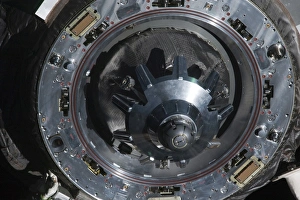 Close-up view of the docking mechanism of the Russian Progress 46 spacecraft Close-up view of the docking mechanism of the Russian Progress 46 spacecraft