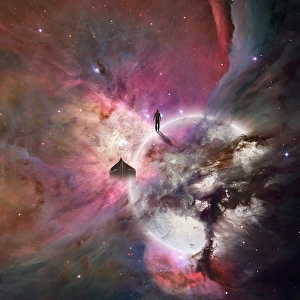 Space Art Illustration Prints: Deep space background with human being