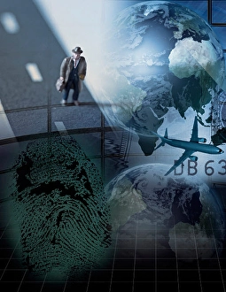Businessman With Suitcase Prints: Digital collage of globe, plane