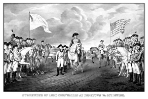 Digitally restored Revolutionary War print showing the surrender of British troops Digitally restored Revolutionary War print showing the surrender of British troops