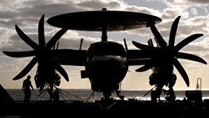 An E-2C Hawkeye secured to the flight deck of USS Harry S. Truman An E-2C Hawkeye secured to the flight deck of USS Harry S. Truman