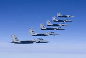 Six F-15 Eagles fly in formation Six F-15 Eagles fly in formation