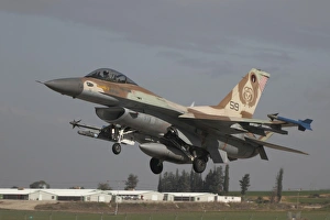 An F-16C Barak of the Israeli Air Force landing at Hatzor Air Force Base An F-16C Barak of the Israeli Air Force landing at Hatzor Air Force Base
