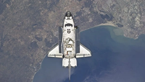 Flying above the Atlantic coast of Spain and the Gulf of Cadiz, the space shuttle Flying above the Atlantic coast of Spain and the Gulf of Cadiz, the space shuttle